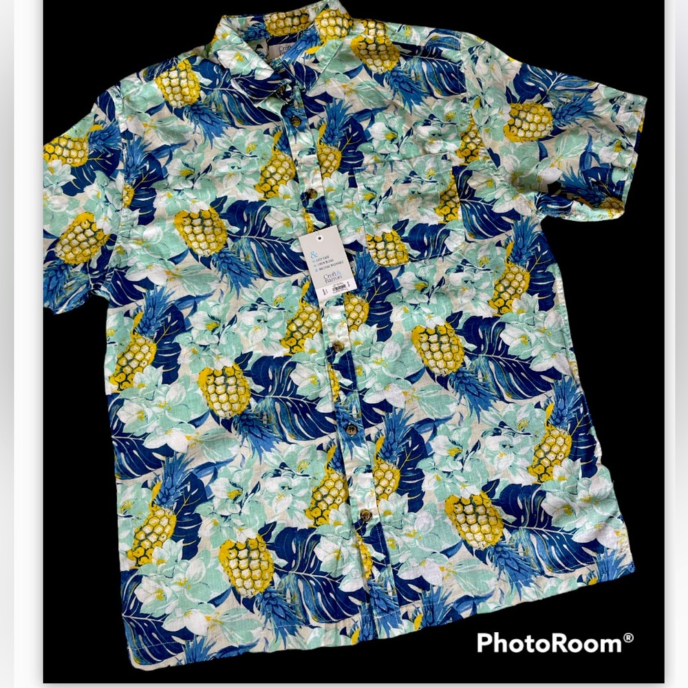 Croft & Barrow Shirt Mens Blue Pineapple Short Sleeve